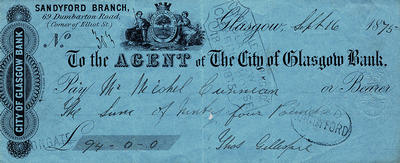 City of Glasgow Bank cheque